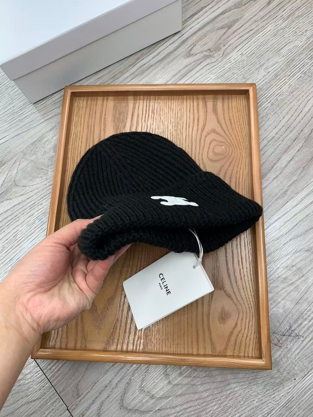 Celine Triomphe Ribbed Knit Beanie in Black - Picture 3 of 7